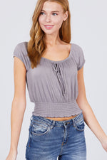 Load image into Gallery viewer, Short Puff Sleeve Front Tie Knit Gauze Top
