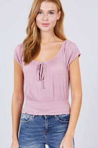 Short Puff Sleeve Front Tie Knit Gauze Top