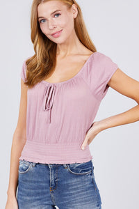 Short Puff Sleeve Front Tie Knit Gauze Top