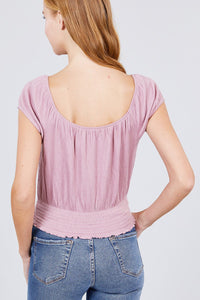 Short Puff Sleeve Front Tie Knit Gauze Top