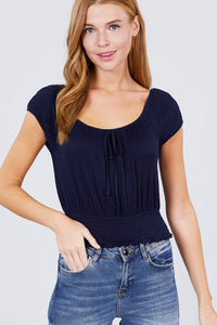 Short Puff Sleeve Front Tie Knit Gauze Top