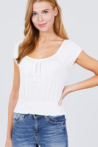 Short Puff Sleeve Front Tie Knit Gauze Top