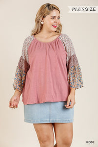 Sheer Mixed Floral Bell Sleeve Round Neck Top