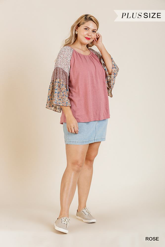 Sheer Mixed Floral Bell Sleeve Round Neck Top