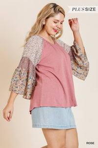 Sheer Mixed Floral Bell Sleeve Round Neck Top