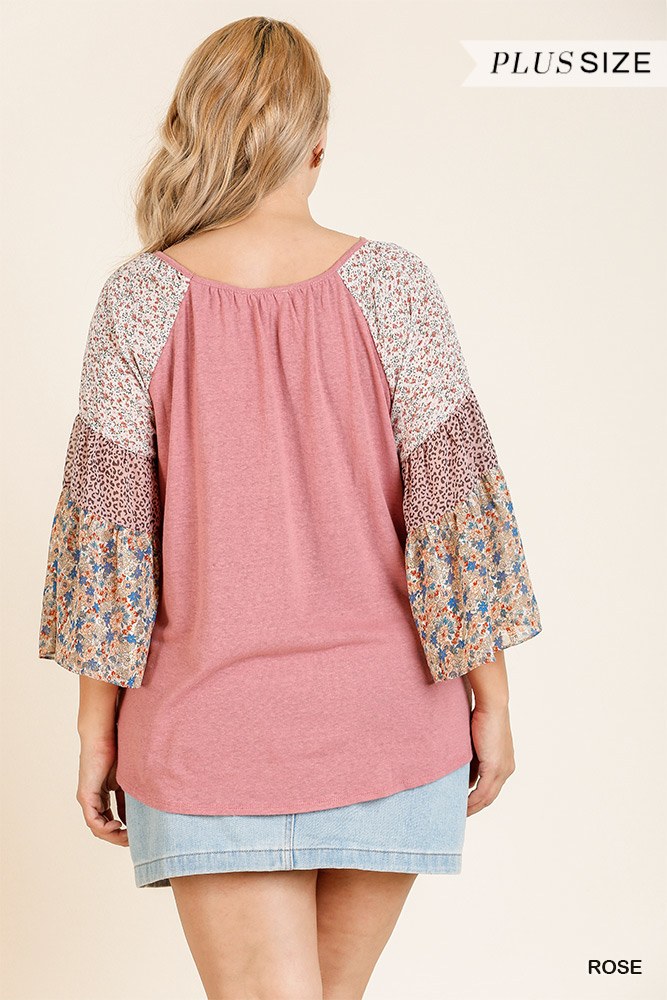 Sheer Mixed Floral Bell Sleeve Round Neck Top