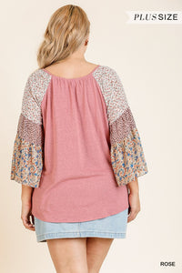 Sheer Mixed Floral Bell Sleeve Round Neck Top