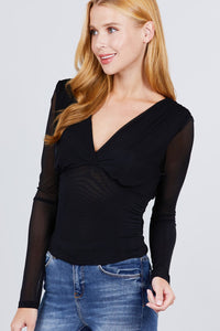 Long Sleeve V-neck Surplice Waist Shirring Mesh Top