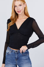 Load image into Gallery viewer, Long Sleeve V-neck Surplice Waist Shirring Mesh Top
