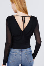 Load image into Gallery viewer, Long Sleeve V-neck Surplice Waist Shirring Mesh Top
