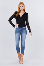 Load image into Gallery viewer, Long Sleeve V-neck Surplice Waist Shirring Mesh Top
