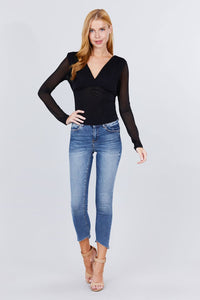 Long Sleeve V-neck Surplice Waist Shirring Mesh Top