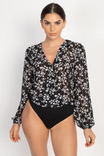 Load image into Gallery viewer, Floral &amp; Shadow Striped Front Wrap Bodysuit
