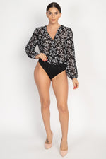 Load image into Gallery viewer, Floral &amp; Shadow Striped Front Wrap Bodysuit
