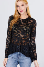 Load image into Gallery viewer, Long Sleeve Round Neck Peplum Lace Top
