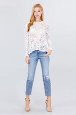 Load image into Gallery viewer, Long Sleeve Round Neck Peplum Lace Top
