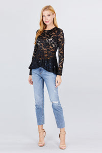 Long Sleeve Round Neck Peplum Lace Top