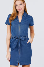 Load image into Gallery viewer, Short Sleeve Collar With Front Zipper Waist Ribbon Denim Mini Dress
