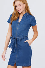 Load image into Gallery viewer, Short Sleeve Collar With Front Zipper Waist Ribbon Denim Mini Dress
