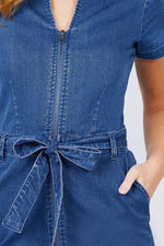 Load image into Gallery viewer, Short Sleeve Collar With Front Zipper Waist Ribbon Denim Mini Dress
