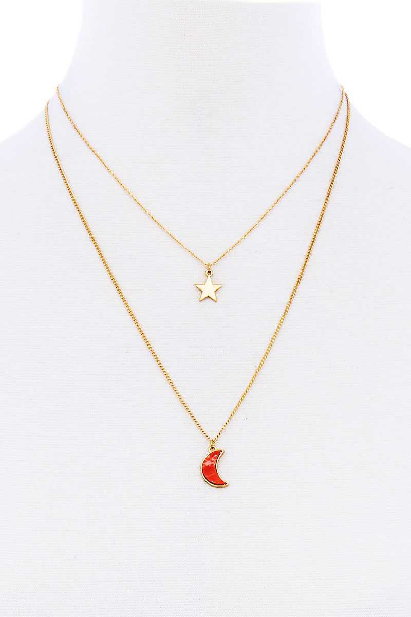 Double Layer Chain Star & Moon Pendant Necklace