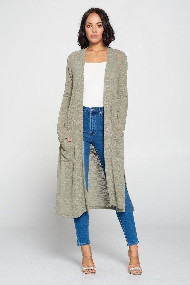 Side Slit Long Sage Cardigan