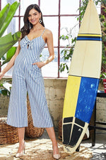 Load image into Gallery viewer, Adjustable Shoulder Strap Side Pocket Back Zipper Front Tie Stripe Print Jumpsuit
