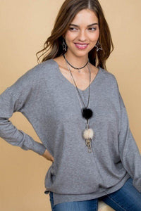 V-neck 3/4 Sleeve Side Slit Hi-lo Sweater