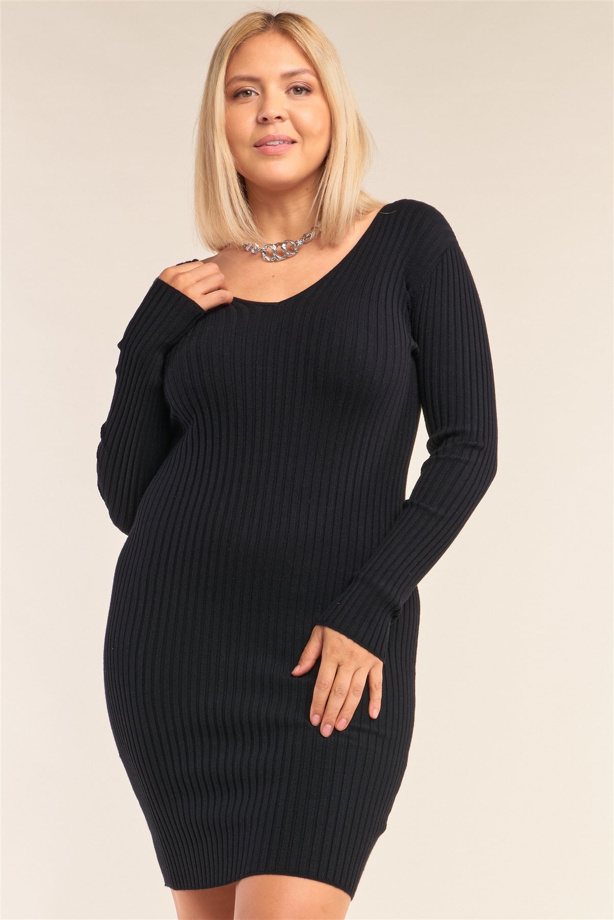 Plus Size V-neck Long Sleeve Ribbed Sweater Mini Dress