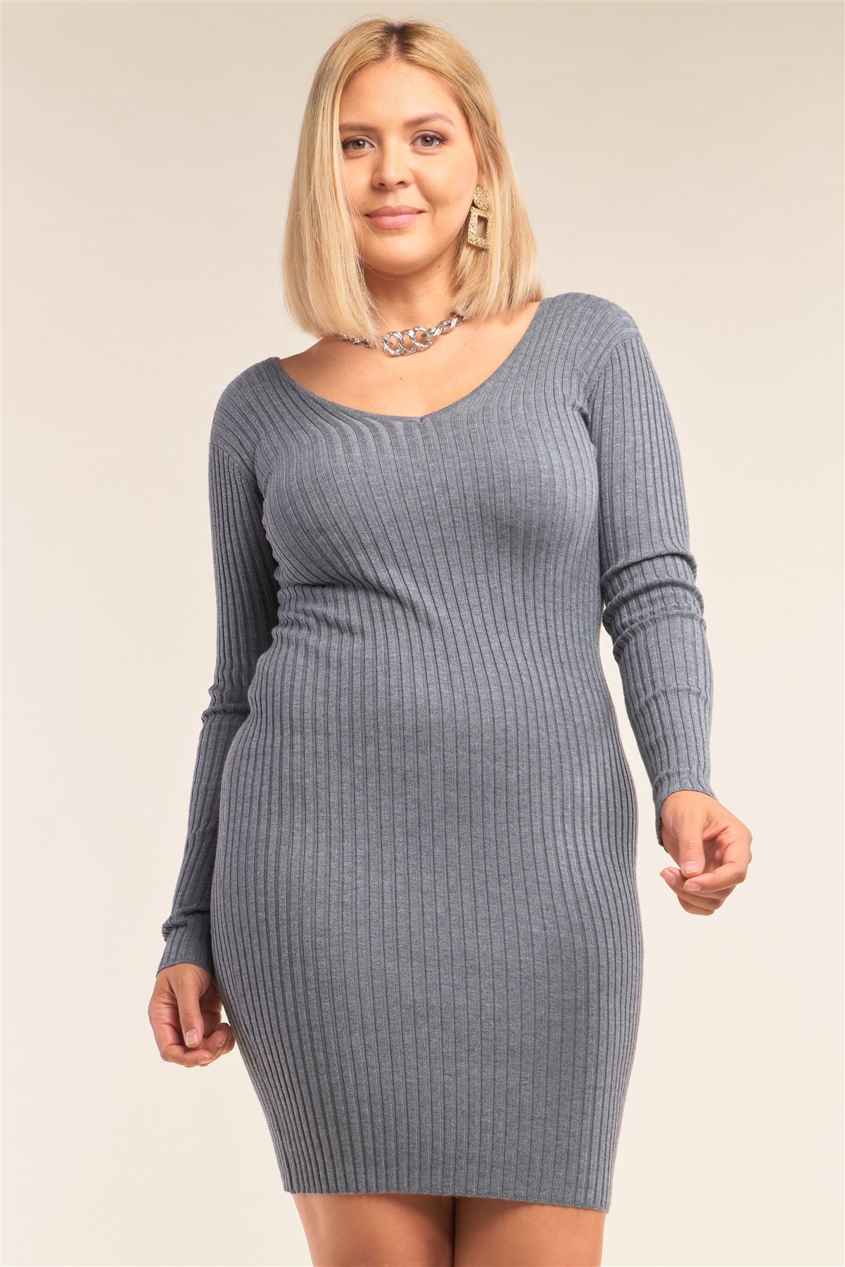 Plus Size V-neck Long Sleeve Ribbed Sweater Mini Dress