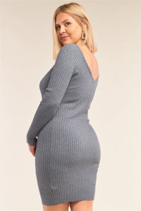 Plus Size V-neck Long Sleeve Ribbed Sweater Mini Dress