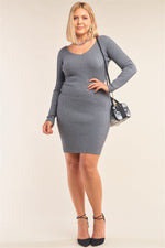 Load image into Gallery viewer, Plus Size V-neck Long Sleeve Ribbed Sweater Mini Dress
