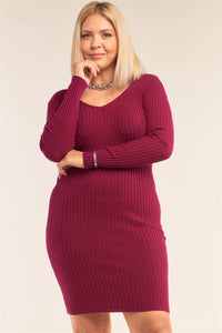 Plus Size V-neck Long Sleeve Ribbed Sweater Mini Dress