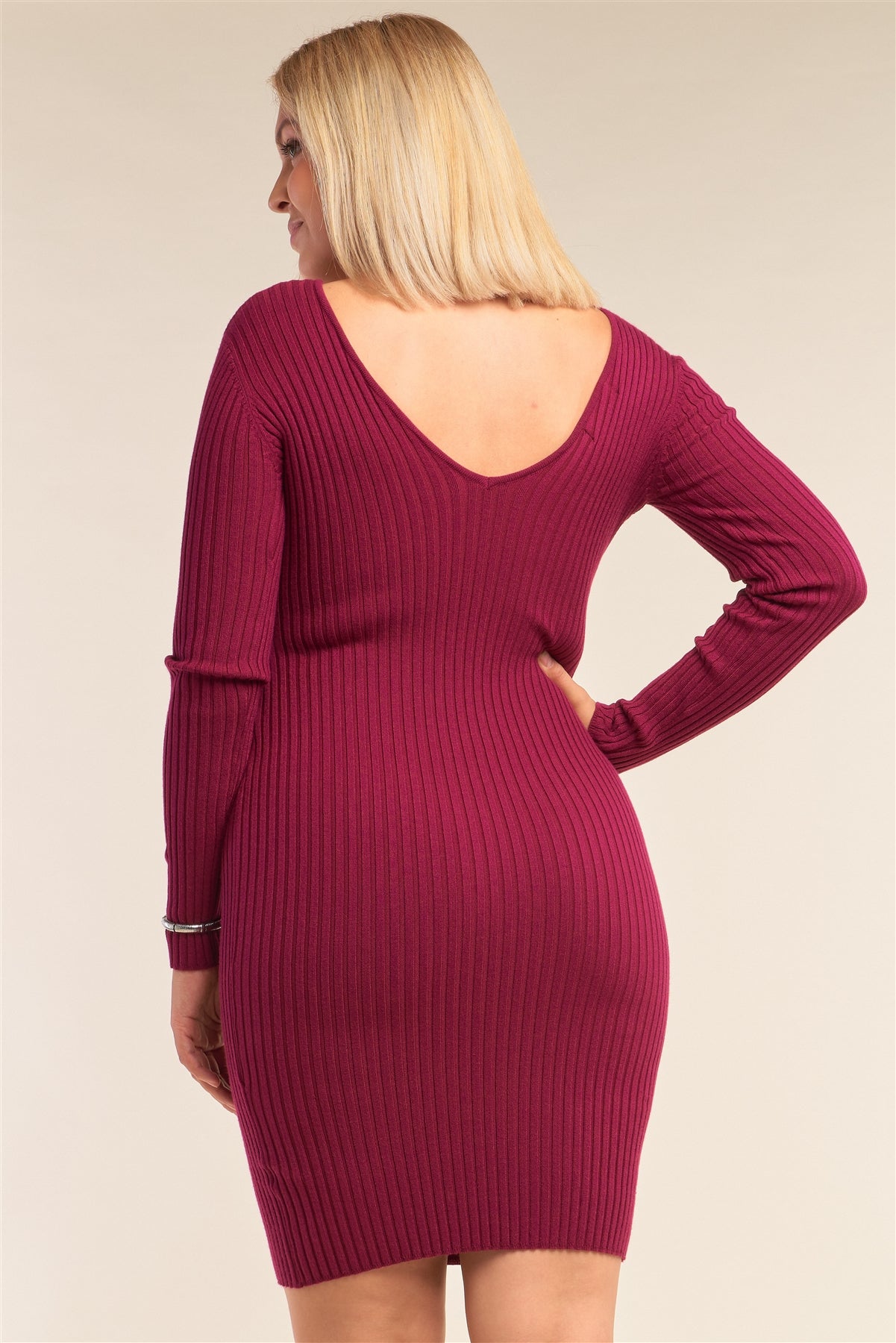 Plus Size V-neck Long Sleeve Ribbed Sweater Mini Dress