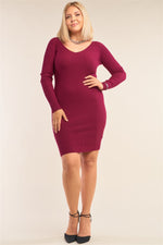 Load image into Gallery viewer, Plus Size V-neck Long Sleeve Ribbed Sweater Mini Dress
