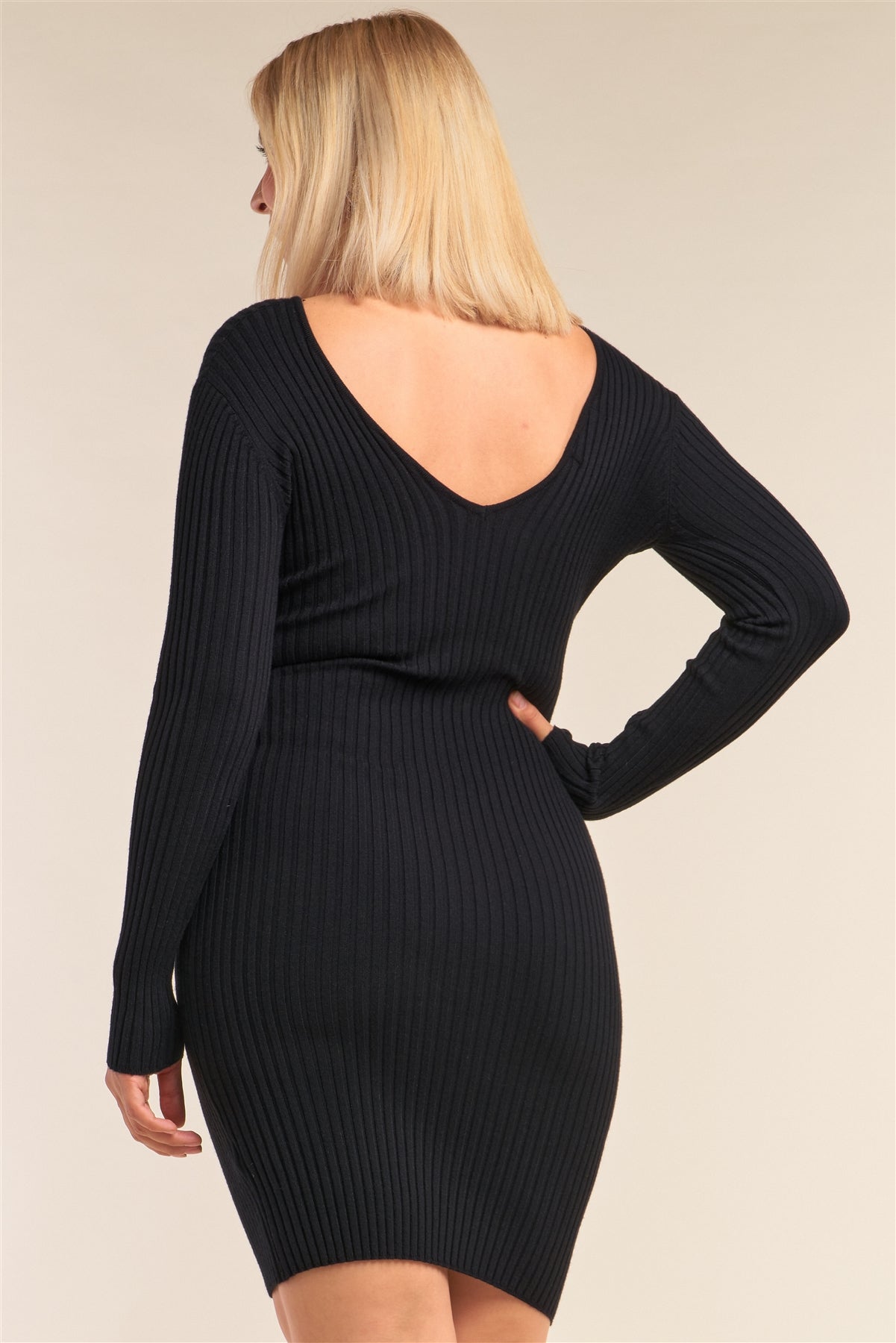 Plus Size V-neck Long Sleeve Ribbed Sweater Mini Dress