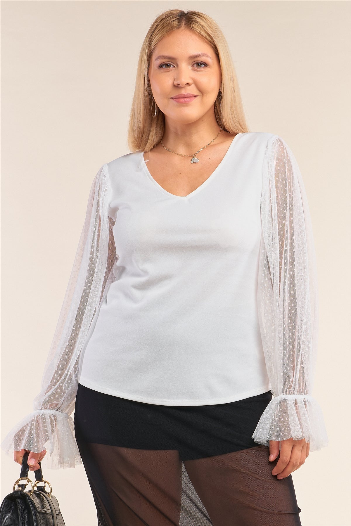 Relaxed Fit V-neck Long Sleeve Polka Dot Mesh Top