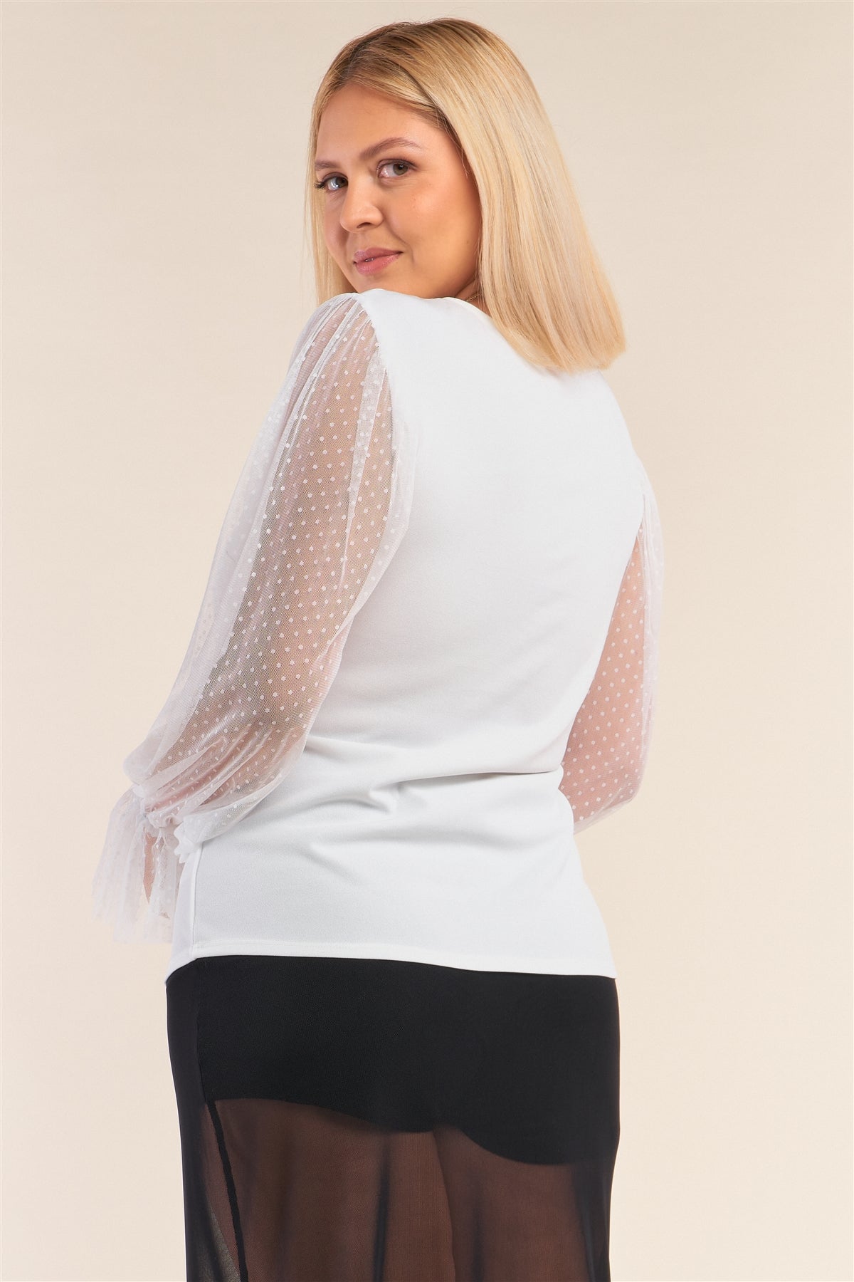 Relaxed Fit V-neck Long Sleeve Polka Dot Mesh Top