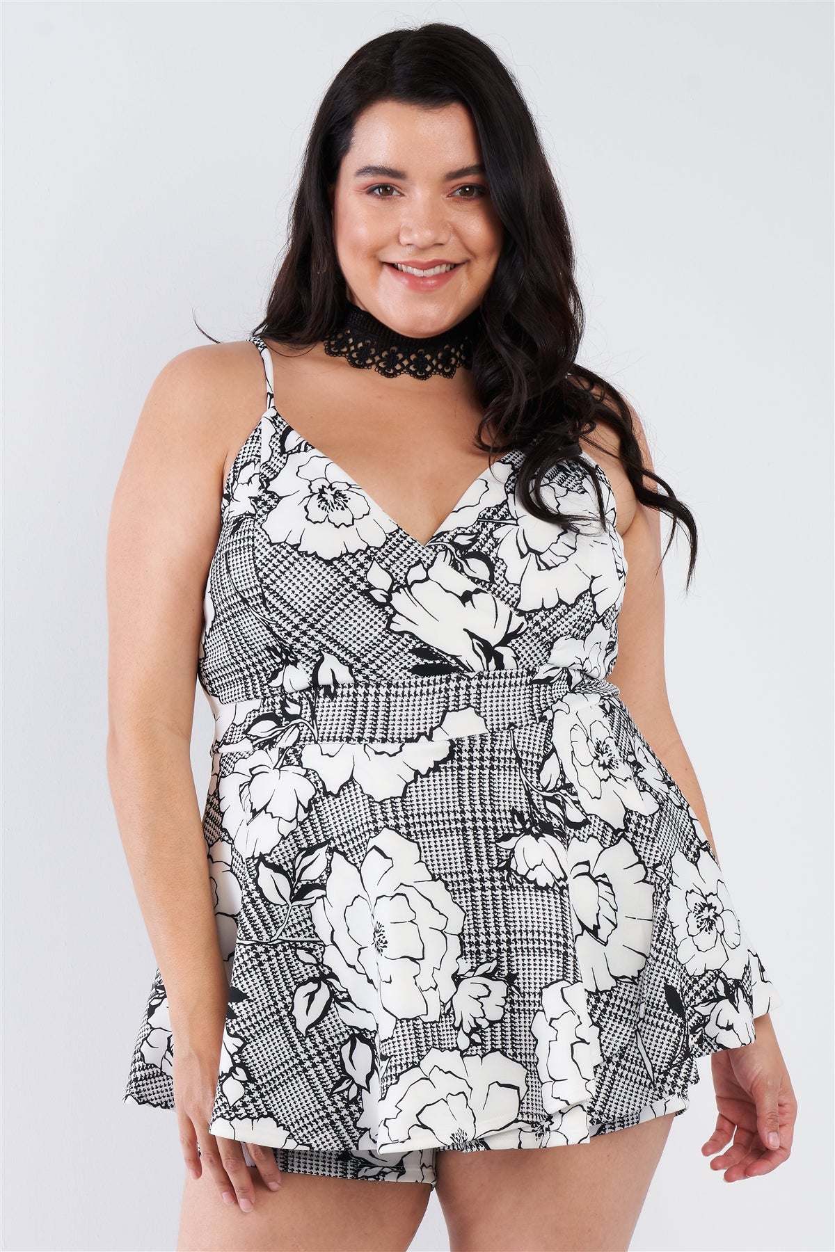 Plus Size Floral Short Skort Mini V-neck Romper