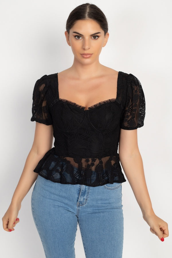 Sheer Lace Sweetheart Flounce Top