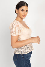 Load image into Gallery viewer, Sheer Lace Sweetheart Flounce Top
