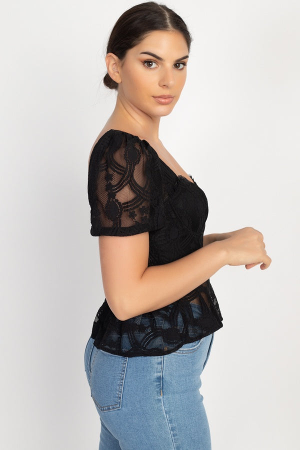 Sheer Lace Sweetheart Flounce Top