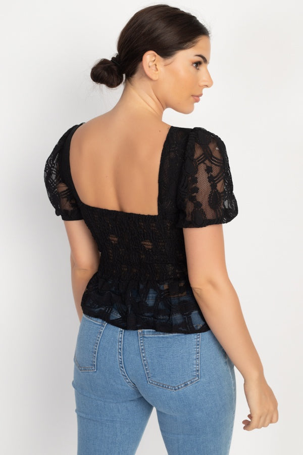 Sheer Lace Sweetheart Flounce Top