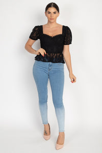 Sheer Lace Sweetheart Flounce Top