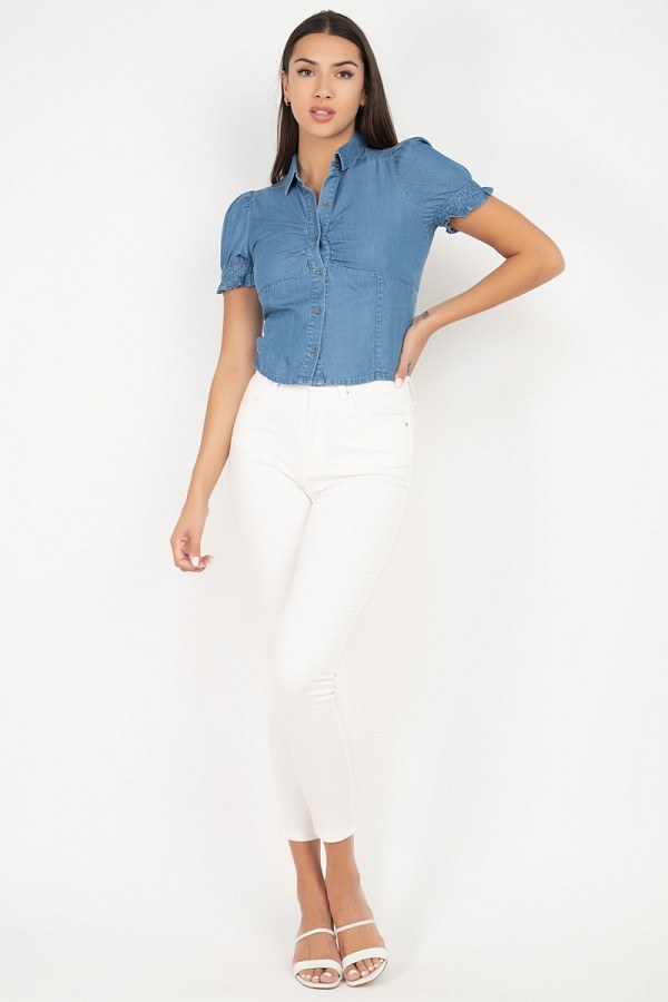 Front Shirred Ruffle Short Sleeve Top