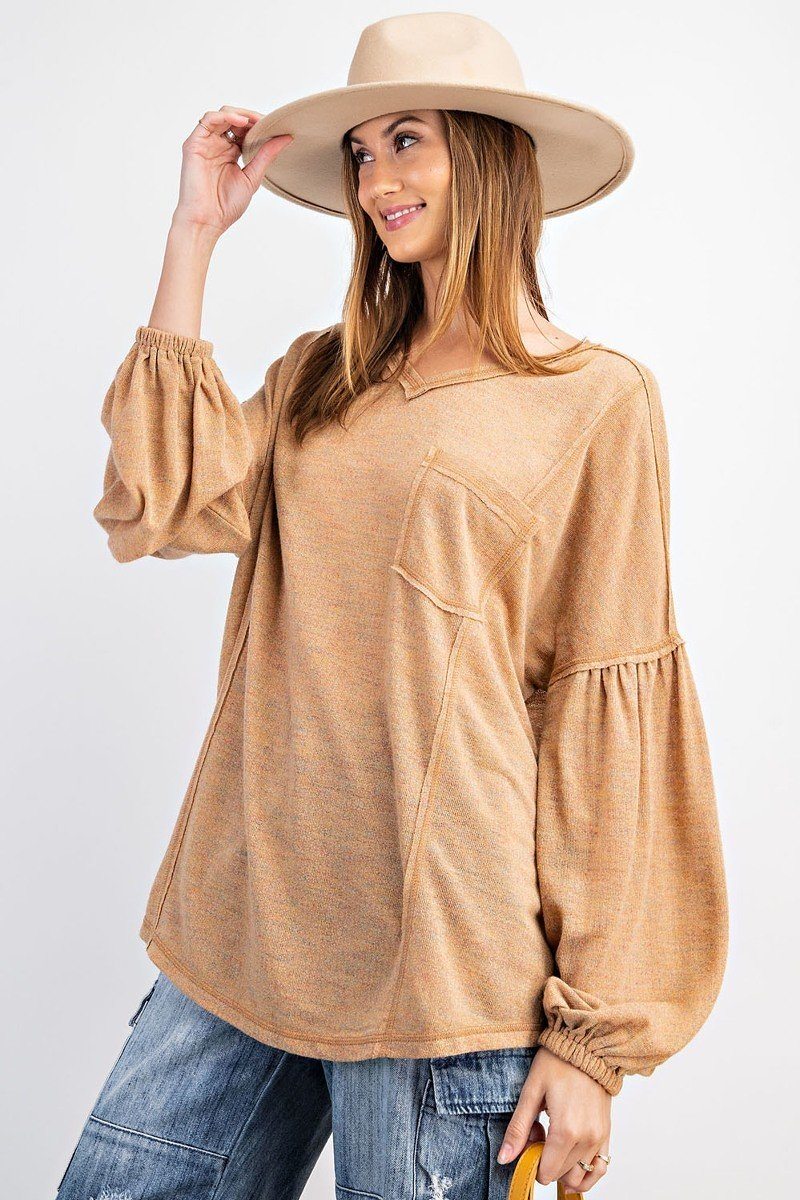 Bubble Sleeve Multi Tone Light Hacci Sweater Top