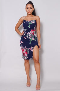 Spaghetti Strap Front Slit Floral Midi Dress