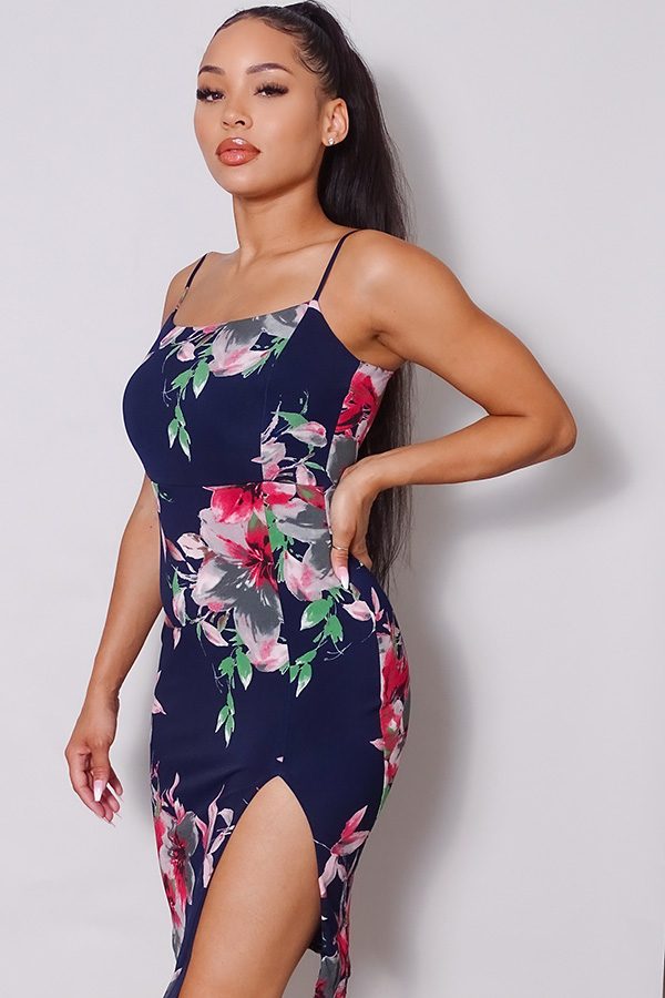 Spaghetti Strap Front Slit Floral Midi Dress