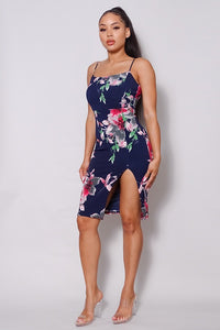 Spaghetti Strap Front Slit Floral Midi Dress