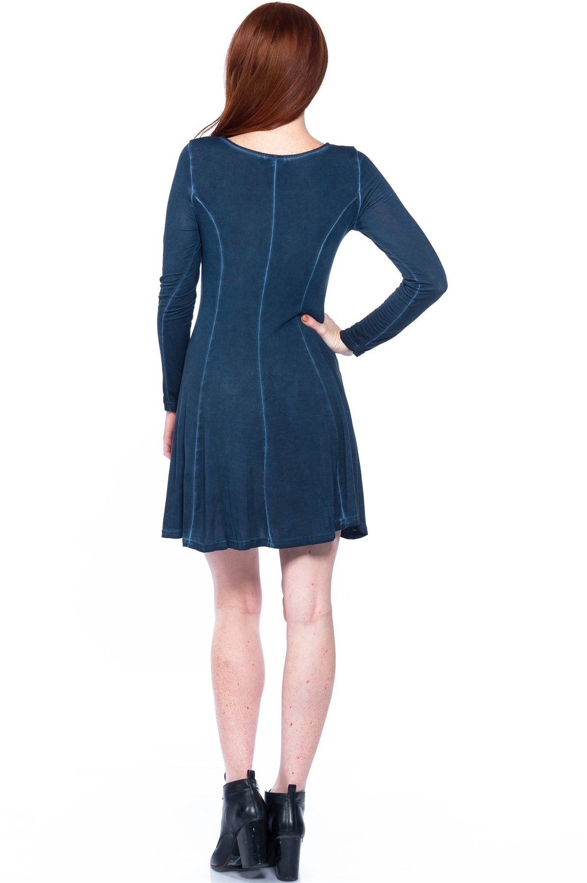 Boho Navy Blue Acid Wash Long Sleeves Swing Dress